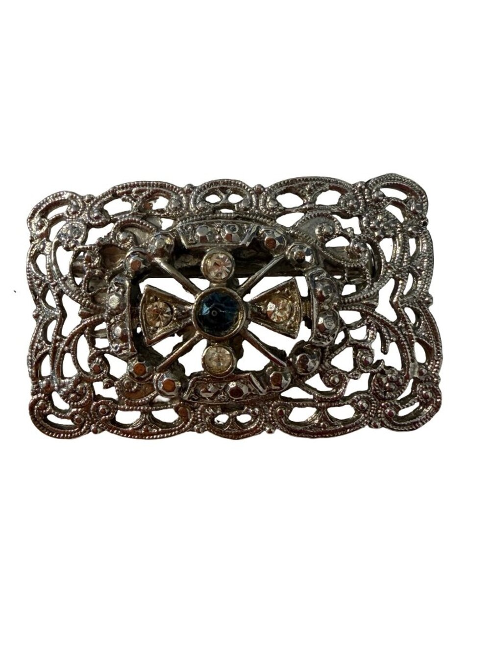 Vintage Filigree Rhinestone Maltese Cross Brooch Silver Tone Blue Crystal Pin